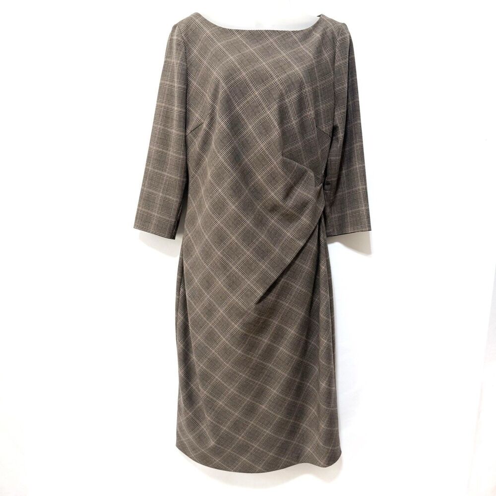 apriori Brown Plaid Sheath Dress Size 42 EU 3/4 Sleeve Side Gathered